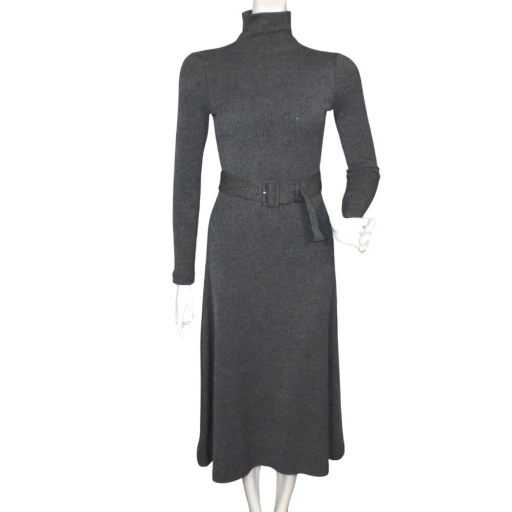 CLUB MONACO Dress, XS, Dark Heather Gray Ribbed, Midi, Funnel neck, Long sleeve